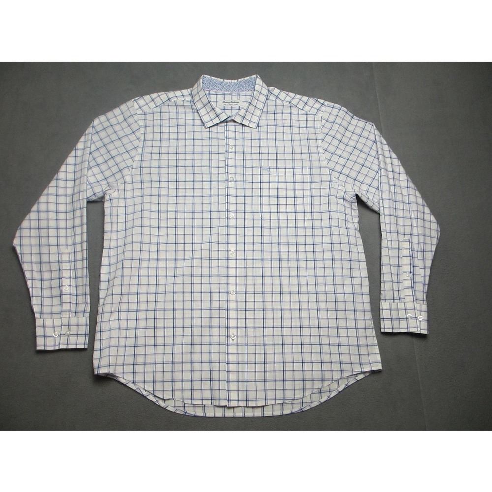 Tommy Bahama Shirt Mens XL Blue White Check Button Up Long Sleeve Pima Cotton